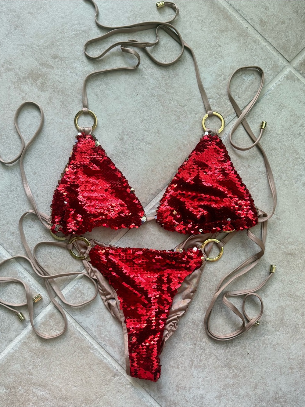 Red Sequin Triangle Bikini Set with Gold Rings